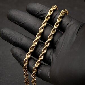 Solid Yellow Gold Plated Heavy 316 Stainless Steel 6MM Twist Rope Chain Necklace